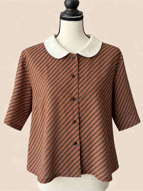 Vintage Tops - 80s Vintage Stripe Peter Pan Collar Blouse M